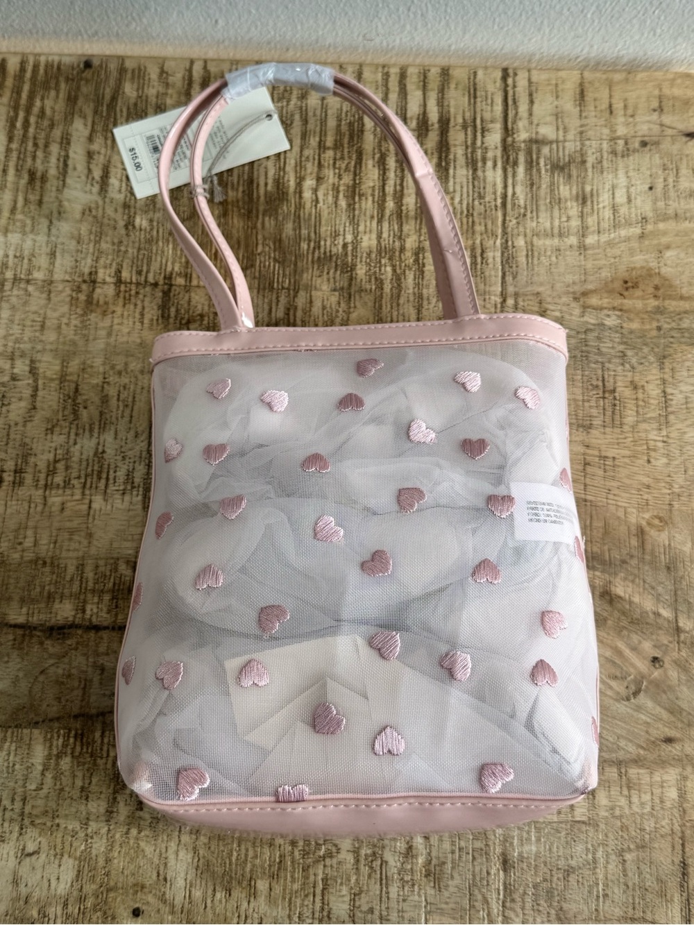 a new day Pink Mesh Tote with Embroidered Hearts
